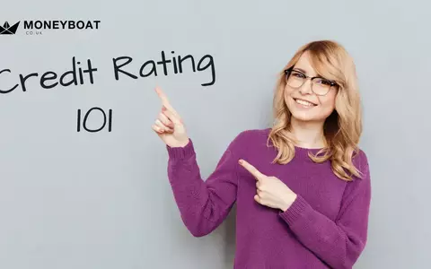 Woman in glasses pointing at credit rating text