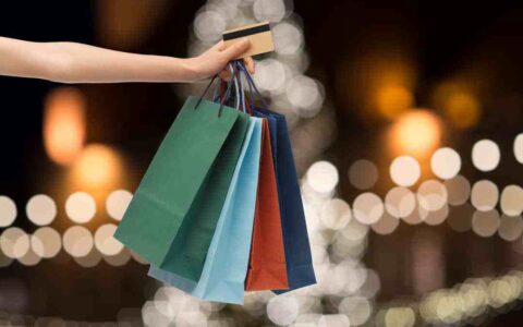 Hand Holding Shopping Bags And Credit Card Over Christmas Tree Lights Background Shopping