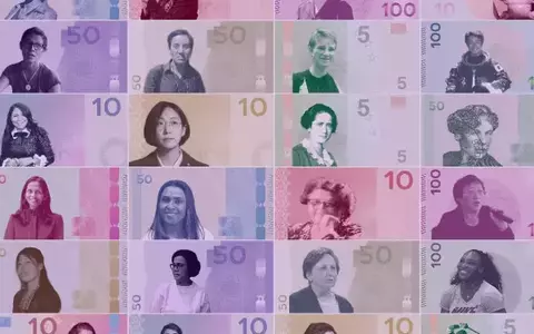 Collage of female designed currency featuring women