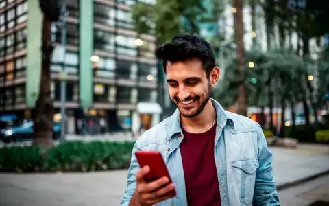 Man looking happily at his phone in the city