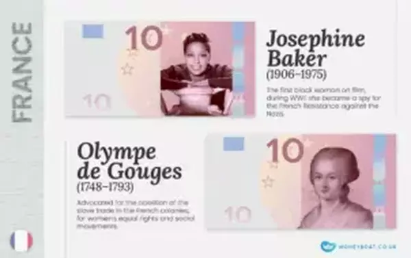 Imagined France money featuring women. Josephine Baker and Olympe de Gouges