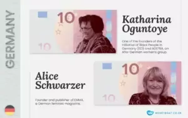 Imagined Germany money featuring women. Katharina Oguntoye and Alice Schwarzer