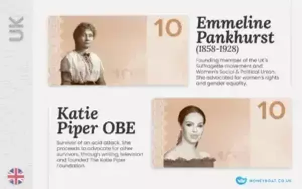 Imagined UK money featuring women. Emmeline Pankhurst and Katie Piper OBE