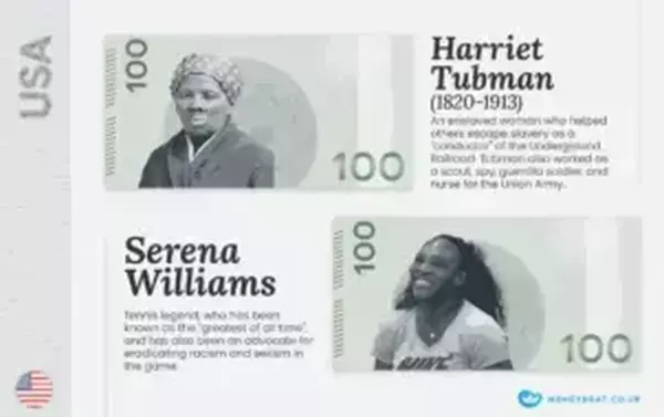 Imagined USA money featuring women. Harriet Tubman and Serena Williams