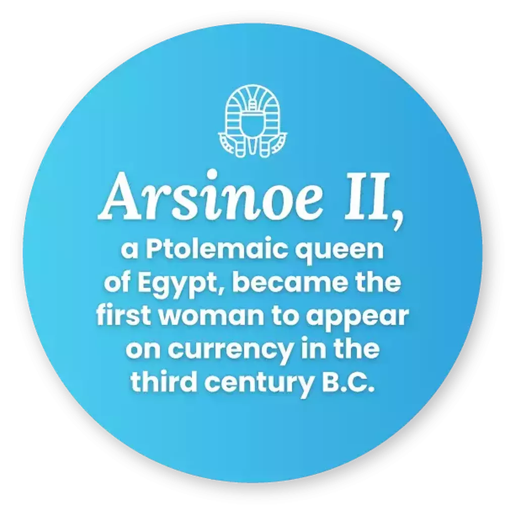 Arsinoe II, a Ptolemaic queen of Egypt, became the first woman to appear on currency